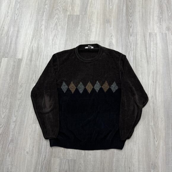 Vintage Geoffrey Beene Sweater XL Brown Knit Argyle Geometric 90s Geometric - Picture 1 of 6